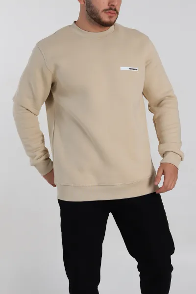 Krem Relaxed Fit Üç İp Şardonlu Kabartma Detaylı Erkek Sweatshirt 309900