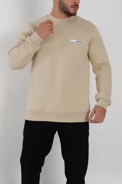 Krem Relaxed Fit Üç İp Şardonlu Kabartma Detaylı Erkek Sweatshirt 309900