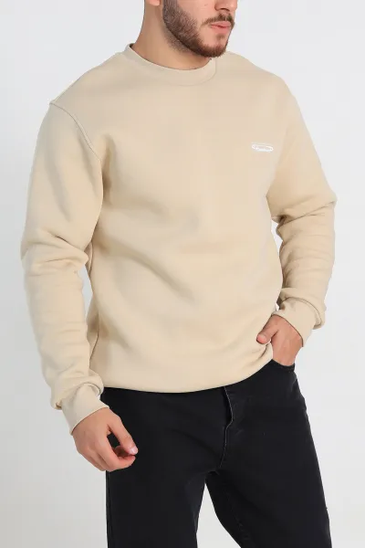 Krem Relaxed Fit Üç İp Şardonlu Kabartma Yazı Detay Erkek Sweatshirt 310405