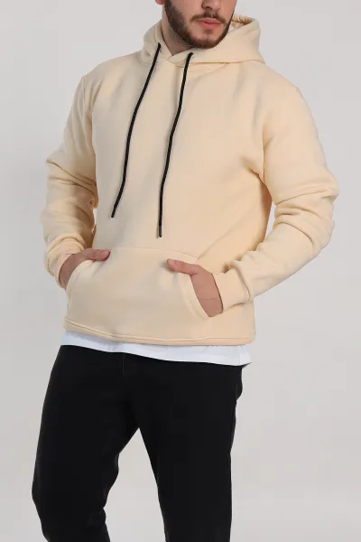 Krem Relaxed Fit Üç İp Şardonlu Kapüşonlu Basic Erkek Sweatshirt 332307