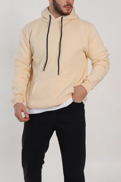 Krem Relaxed Fit Üç İp Şardonlu Kapüşonlu Basic Erkek Sweatshirt 332307