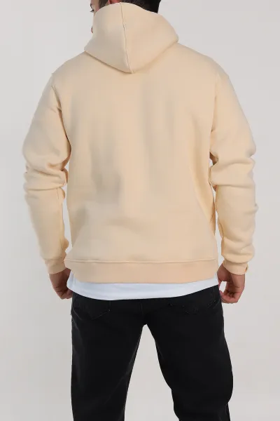 Krem Relaxed Fit Üç İp Şardonlu Kapüşonlu Basic Erkek Sweatshirt 332307