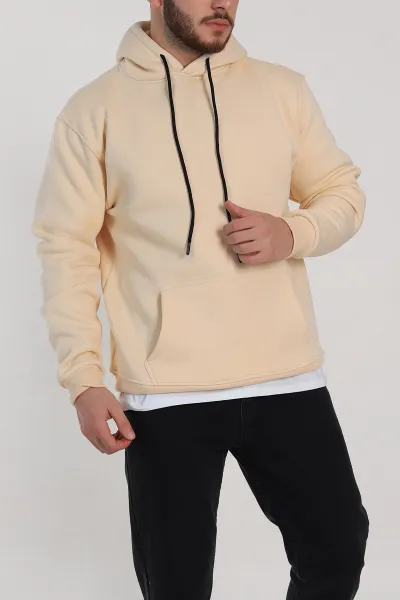 Krem Relaxed Fit Üç İp Şardonlu Kapüşonlu Basic Erkek Sweatshirt 332307