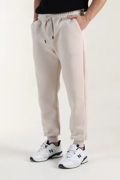 Krem Relaxed Fit Üç İp Şardonlu Manşetli Paça Erkek Eşofman Altı 401004