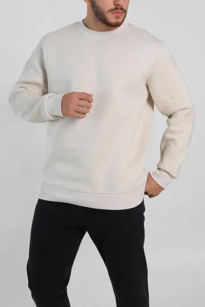 Krem Relaxed Fit Üç İp Şardonlu Nakış Detaylı Erkek Sweatshirt 311182