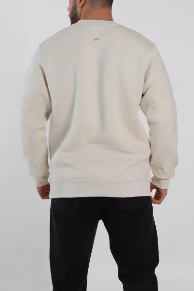 Krem Relaxed Fit Üç İp Şardonlu Nakış Detaylı Erkek Sweatshirt 311182