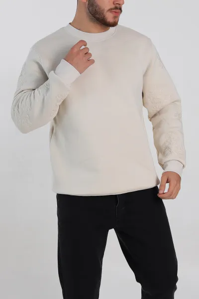Krem Relaxed Fit Üç İp Şardonlu Nakış Detaylı Erkek Sweatshirt 311182