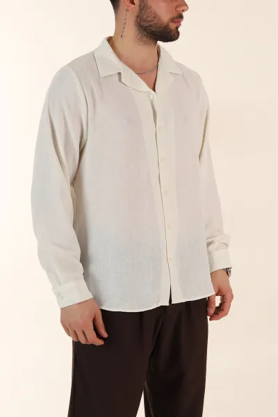Krem Relaxed Fit Uzun Kollu Apaş Yaka Erkek Gömlek 367433