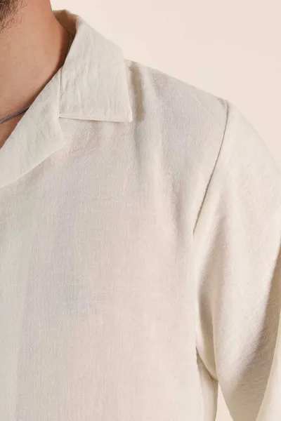 Krem Relaxed Fit Uzun Kollu Apaş Yaka Erkek Gömlek 367433