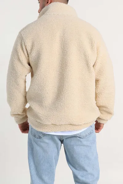 Krem Relaxed Fit Yarım Fermuarlı Cep Detaylı Peluş Kanguru Sweatshirt 308906