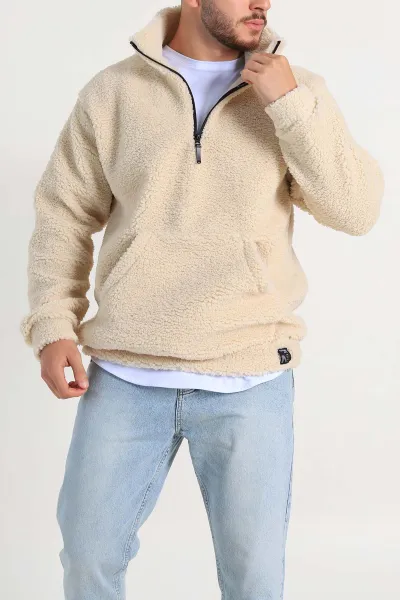 krem-relaxed-fit-yarim-fermuarli-cep-detayli-pelus-kanguru-sweatshirt-308906