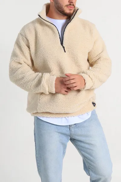 Krem Relaxed Fit Yarım Fermuarlı Cep Detaylı Peluş Kanguru Sweatshirt 308906