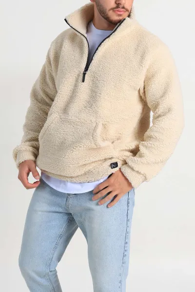 Krem Relaxed Fit Yarım Fermuarlı Cep Detaylı Peluş Kanguru Sweatshirt 308906