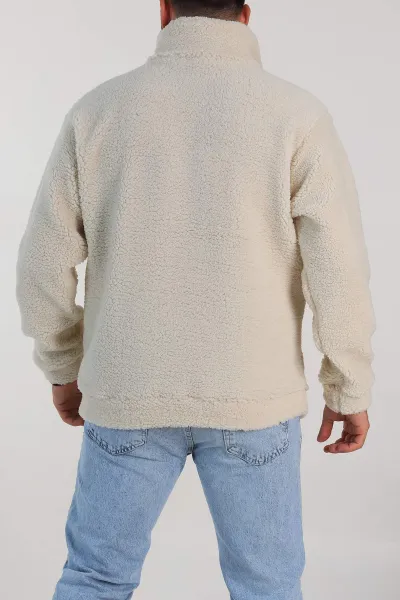 Krem Relaxed Fit Yazı Detaylı Yarım Fermuarlı Peluş Kanguru Sweatshirt 314246