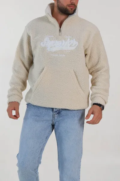 krem-relaxed-fit-yazi-detayli-yarim-fermuarli-pelus-kanguru-sweatshirt-314246