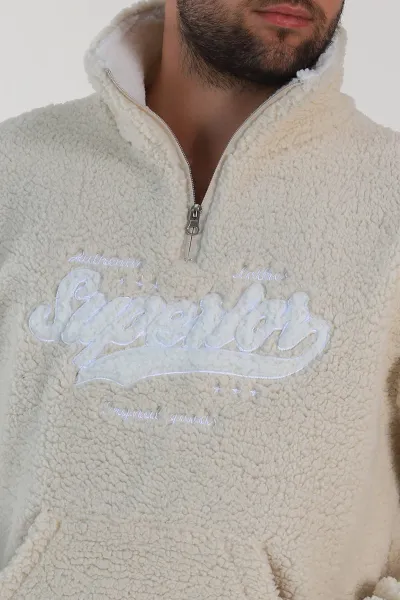 Krem Relaxed Fit Yazı Detaylı Yarım Fermuarlı Peluş Kanguru Sweatshirt 314246