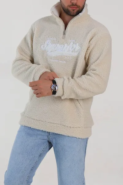 Krem Relaxed Fit Yazı Detaylı Yarım Fermuarlı Peluş Kanguru Sweatshirt 314246