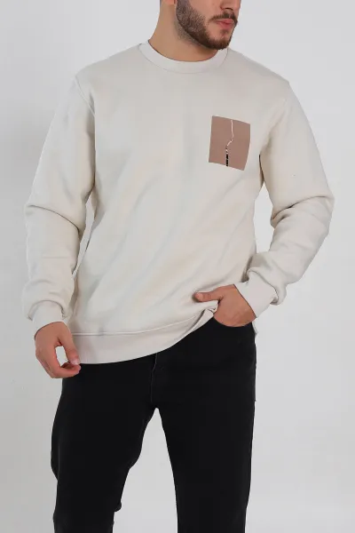 Krem Relaxed Üç İp Şardonlu Baskı Detaylı Erkek Sweatshirt 311190