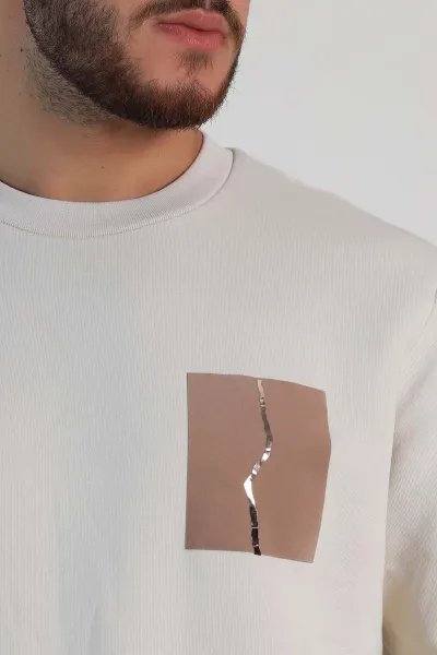 Krem Relaxed Üç İp Şardonlu Baskı Detaylı Erkek Sweatshirt 311190