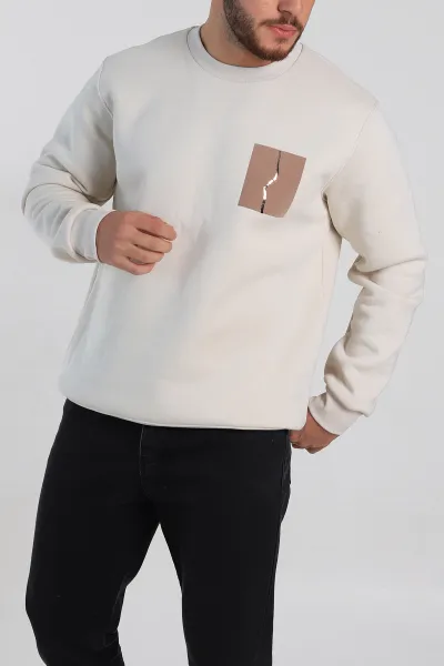 Krem Relaxed Üç İp Şardonlu Baskı Detaylı Erkek Sweatshirt 311190