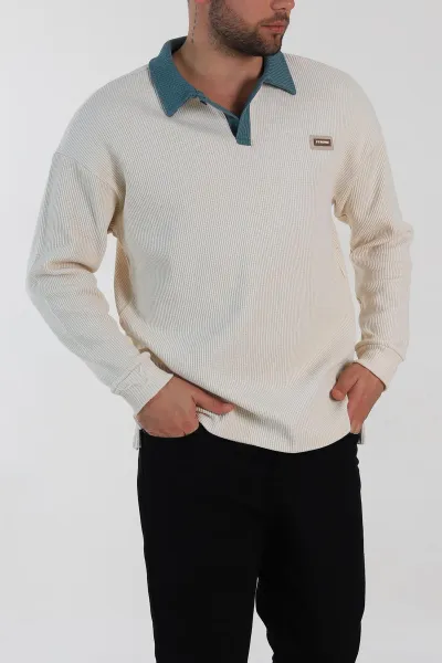 krem-releaxed-fit-petek-dokulu-polo-yaka-erkek-sweatshirt-315814