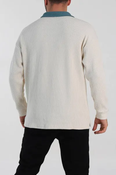 Krem Releaxed Fit Petek Dokulu Polo Yaka Erkek Sweatshirt 315814