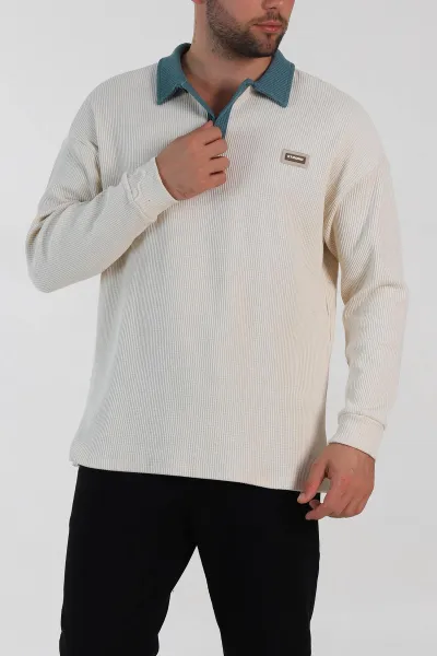 Krem Releaxed Fit Petek Dokulu Polo Yaka Erkek Sweatshirt 315814