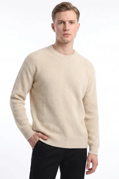 Krem Şardonlu Basic Erkek Triko Kazak 491821