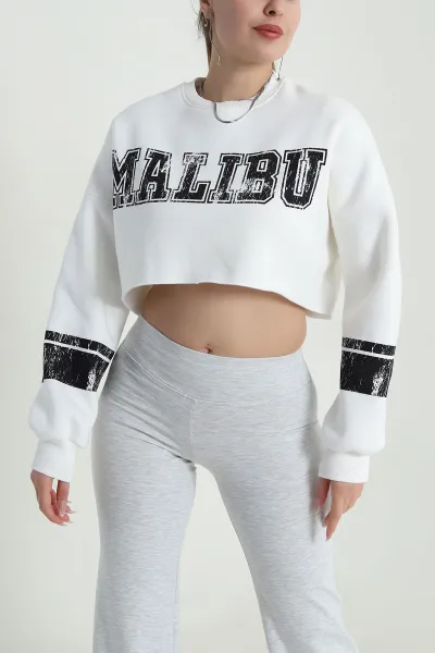 Krem Şardonlu Lazer Kesim Crop Sweat 489148