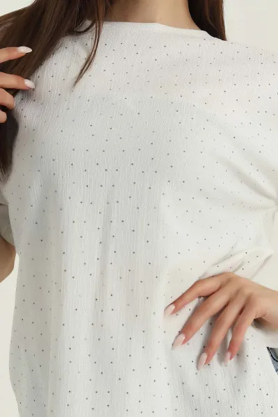 Krem Serpme Taşlı Kadın Bluz 377663