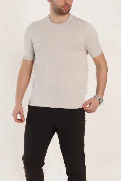 Krem Slim Fit Basic Kısa Kollu Triko Tişört 338594
