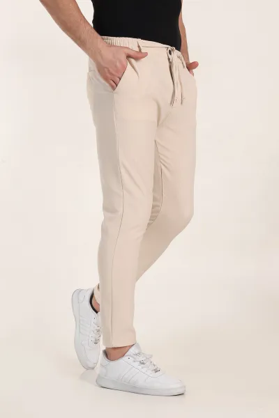 Krem Slim Fit Çizgili Gofre Kumaş Erkek Pantolon 355004