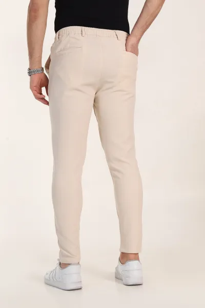 Krem Slim Fit Çizgili Gofre Kumaş Erkek Pantolon 355004