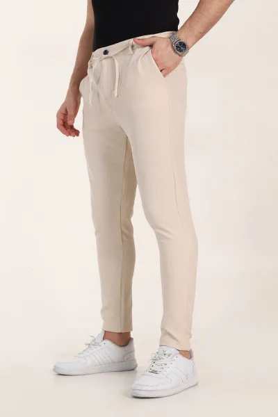 Krem Slim Fit Çizgili Gofre Kumaş Erkek Pantolon 355004