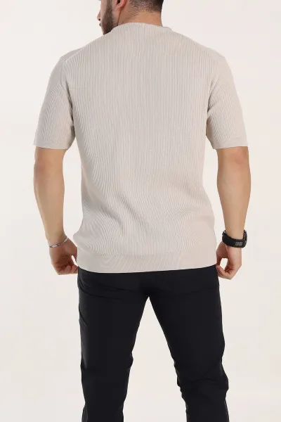 Krem Slim Fit Dokulu Basic Kısa Kollu Erkek Triko Tişört 338600