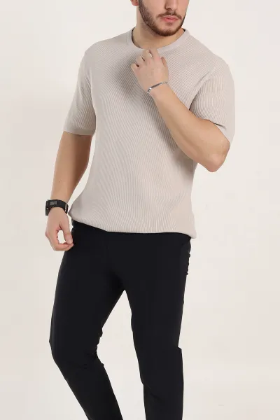 Krem Slim Fit Dokulu Basic Kısa Kollu Erkek Triko Tişört 338600