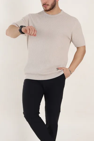 Krem Slim Fit Dokulu Basic Kısa Kollu Erkek Triko Tişört 338600