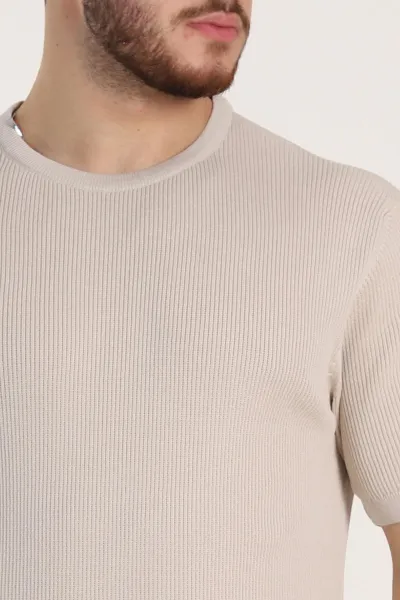 Krem Slim Fit Dokulu Basic Kısa Kollu Erkek Triko Tişört 338600