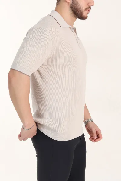 Krem Slim Fit Dokulu Fermuarlı Polo Yaka Kısa Kollu Erkek Triko Tişört 338617