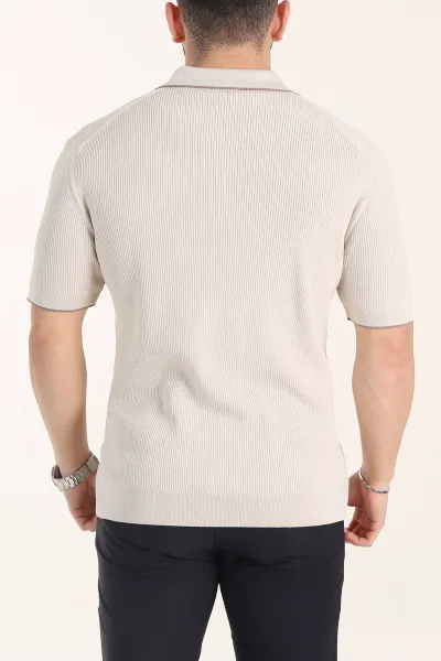 Krem Slim Fit Dokulu Fermuarlı Polo Yaka Kısa Kollu Erkek Triko Tişört 338617