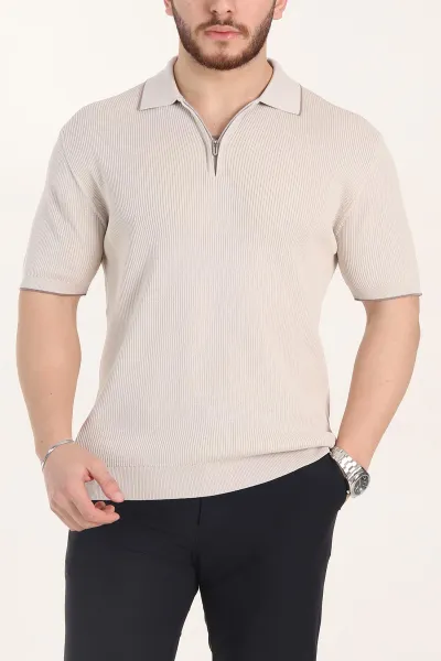 Krem Slim Fit Dokulu Fermuarlı Polo Yaka Kısa Kollu Erkek Triko Tişört 338617