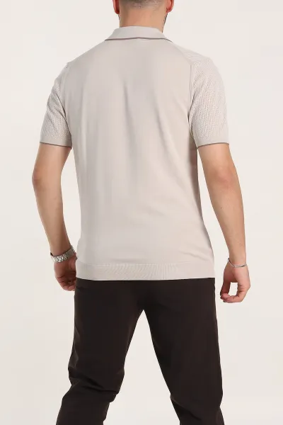 Krem Slim Fit Fermuarlı Polo Yaka Kısa Kollu Erkek Triko Tişört 338563