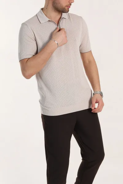 Krem Slim Fit Fermuarlı Polo Yaka Kısa Kollu Erkek Triko Tişört 338563