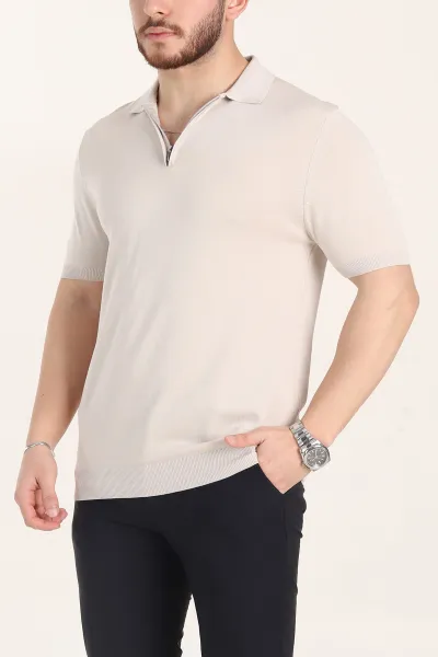 Krem Slim Fit Fermuarlı Polo Yaka Kısa Kollu Erkek Triko Tişört 338606