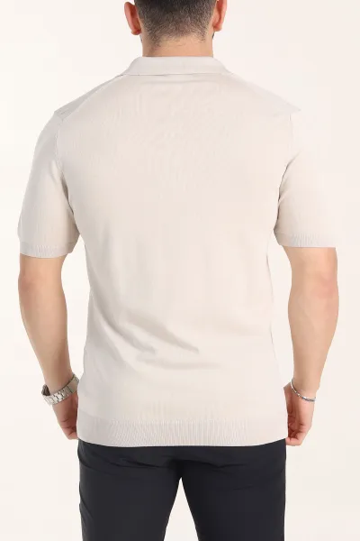 Krem Slim Fit Fermuarlı Polo Yaka Kısa Kollu Erkek Triko Tişört 338606