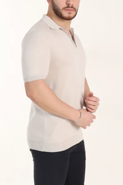 Krem Slim Fit Fermuarlı Polo Yaka Kısa Kollu Erkek Triko Tişört 338606