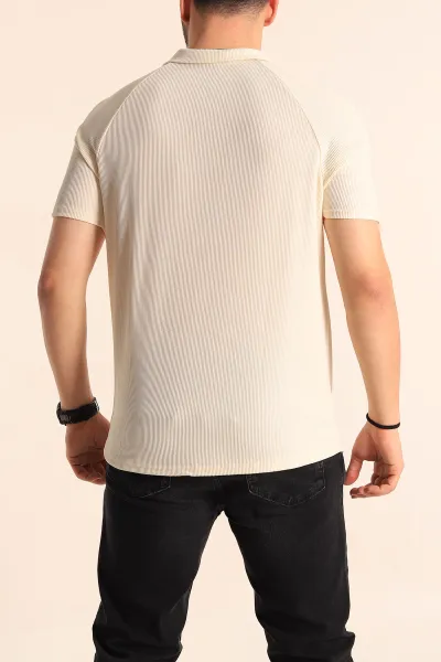 Krem Slim Fit Jakarlı Fermuarlı Polo Yaka Erkek Tişört 256030