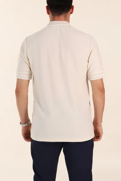Krem Slim Fit Kol Detaylı Fermuarlı Polo Yaka Erkek Triko Tişört 369511