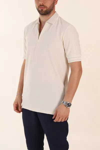 Krem Slim Fit Kol Detaylı Fermuarlı Polo Yaka Erkek Triko Tişört 369511