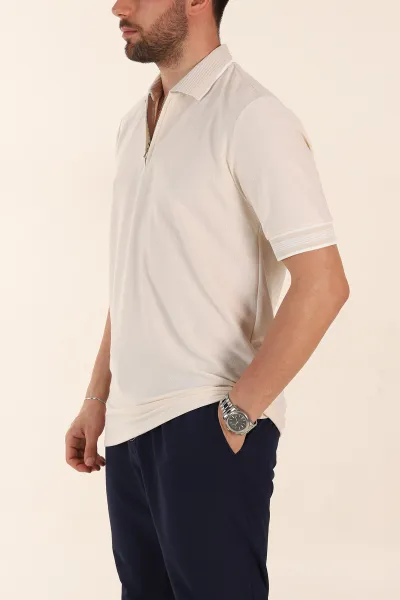 Krem Slim Fit Kol Detaylı Fermuarlı Polo Yaka Erkek Triko Tişört 369511